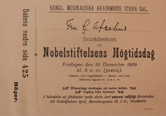 Selma Lagerlöfs mosters inträdeskort till Nobelfesten.